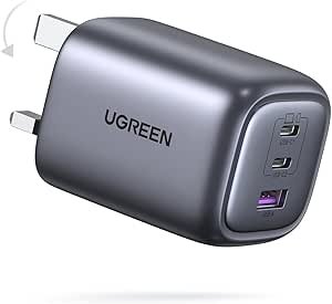 UGREEN USB C Plug Charger, 65W Nexode Foldable Fast GaN 3-Port Charger, Support PPS/PD3.0, Compatible with MacBook Pro/Air, iPhone 17/17 Pro/16/15, iPad, Galaxy S25/S24, etc